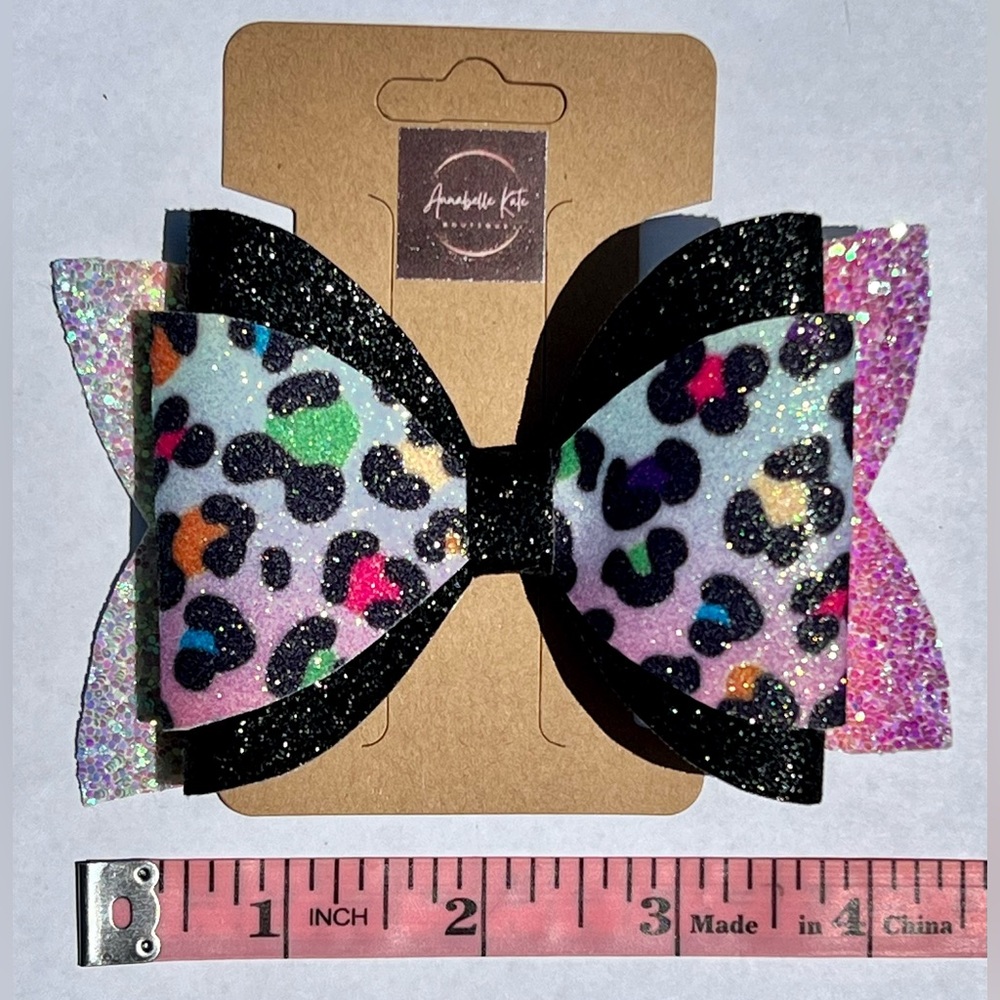 Boutique Custom Made Faux Leather Animal Print with Black Glitter Hair Bow - Picture 3 of 5